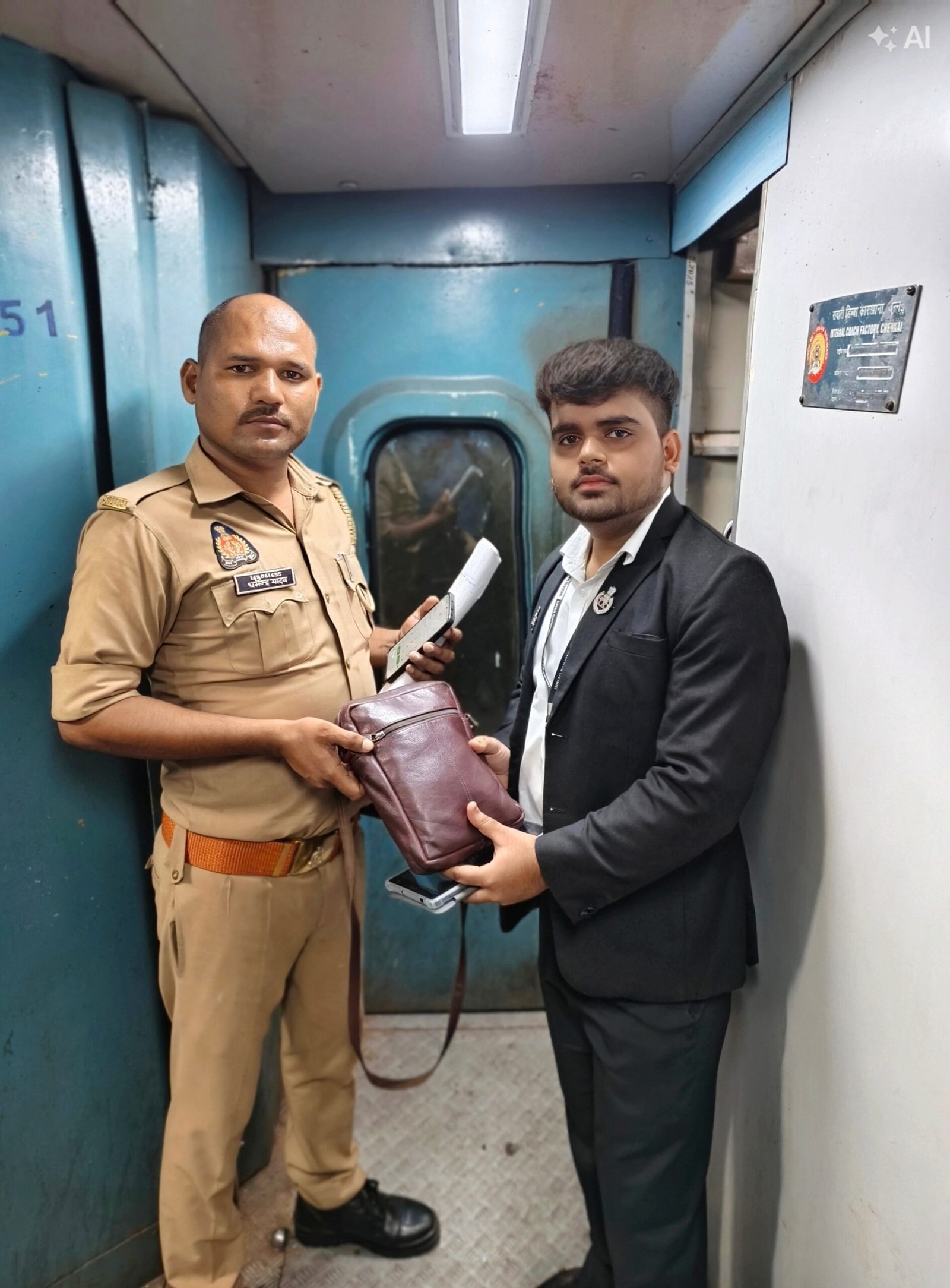 जीआरपी के सिपाही को यात्री का बैग सौंपते टीटीई हर्ष पाल।
